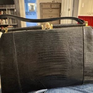 Vintage 1950s/60s Bags by Marquise Black Genuine Lizard Skin Handbag Kiss Lock